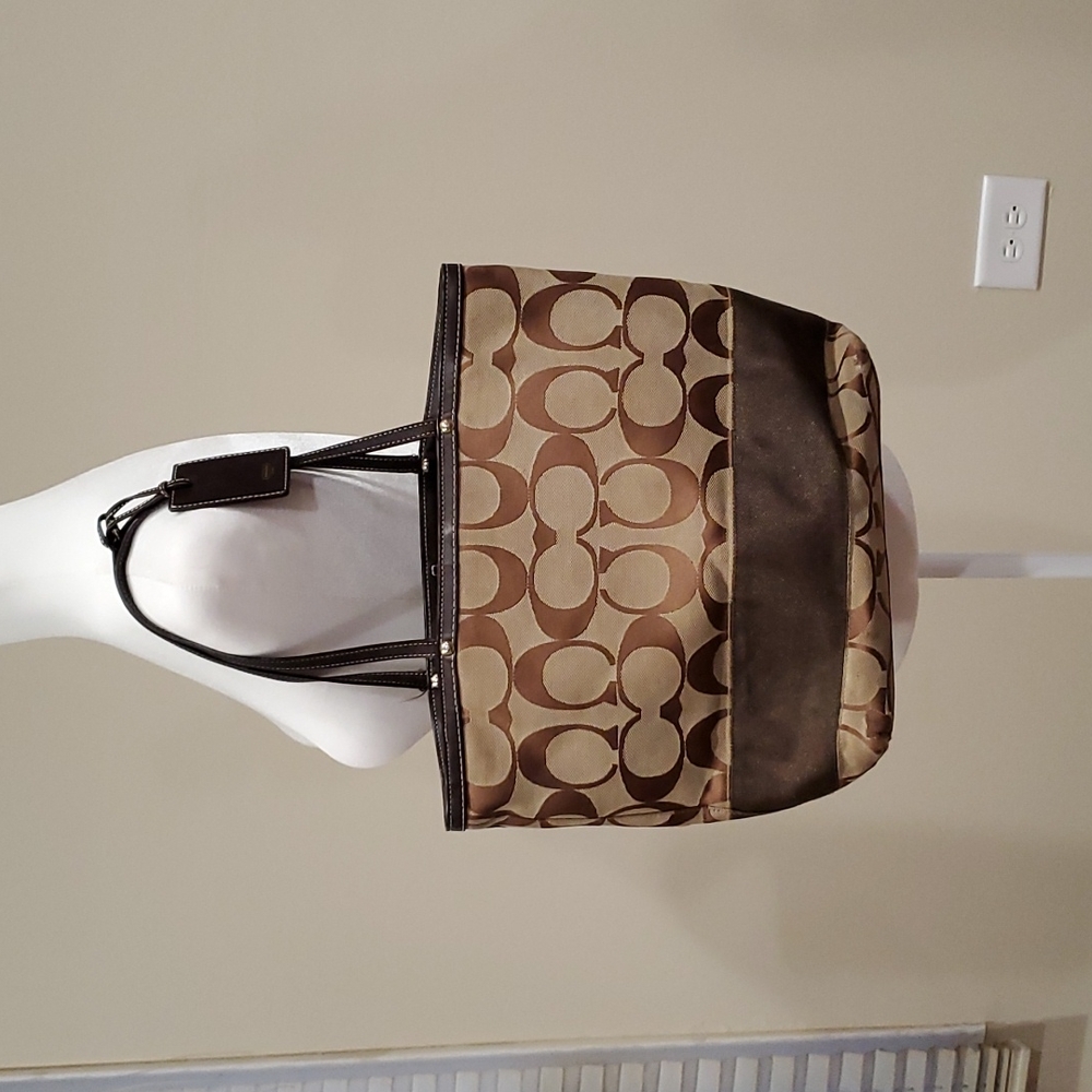 Coach Brown/Tan Tote Bag with Signature Canvas and Stripe
